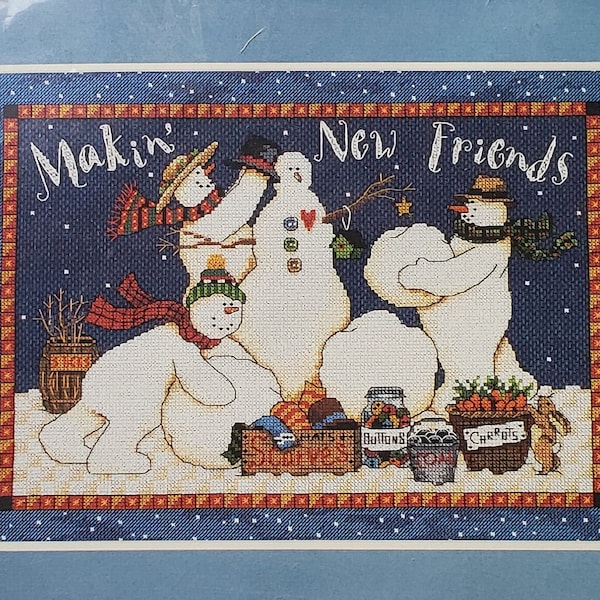 Vintage New NIP Dimensions Makin’ New Friends Cross Stitch Kit 8570 Snowmen Family Carrots Coal Scarves Deb Strain Winter Fun Snow Days