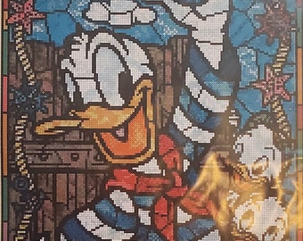 New NIP Valentia’s Collectibles Donald Duck Stained Glass Cross Stitch Kit 10-63 Sailor Seascape Huey Dewey Louie Duckling Nephews Disney
