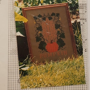 May include: A cross-stitch kit by Curtis Boehringer, featuring a pumpkin sampler design. The kit includes a pattern with DMC color codes and instructions for cross-stitching. The design features a pumpkin with vines and the word "PUMPKIN".