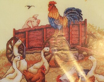 Vintage New NIP Bobbie G Designs King of the Hill Counted Cross Kit KH05021 Barbara Smith Farmyard Wagon Cockerel Rooster Hen Goose Chicks