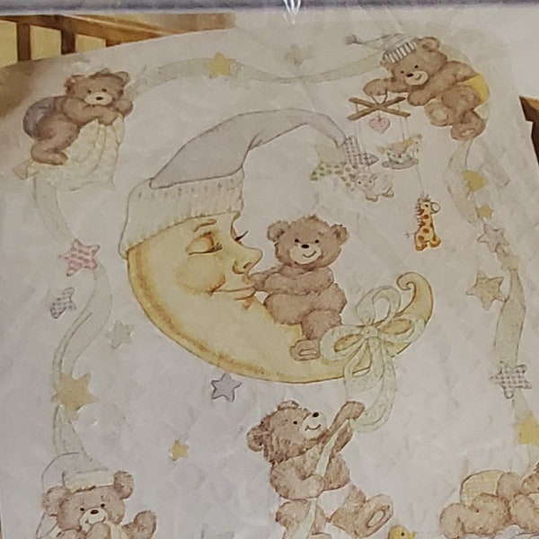 Vintage New NIP Bucilla Moon Dreams Quilted Baby Crib Blanket Cross Stitch Kit 45301 Crescent Teddy Bear Giraffe Mobile Ducky Nursery Rhyme