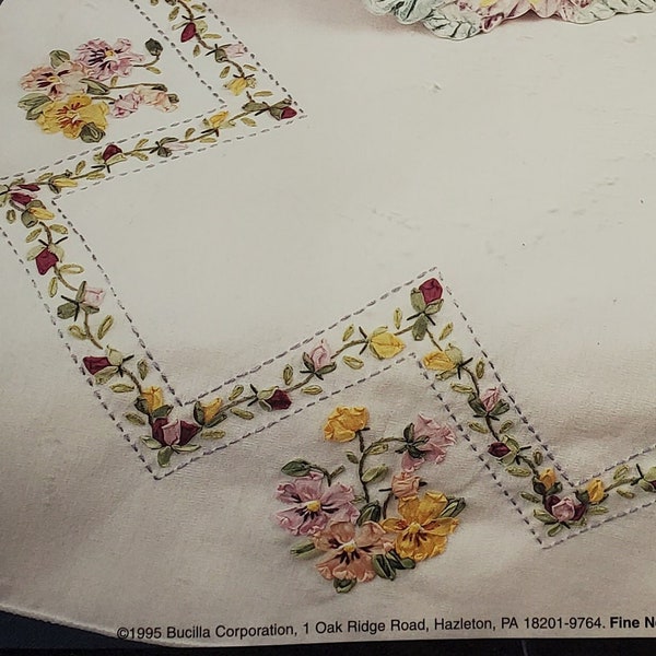 Vintage New NIP Bucilla Stamped Ribbon Embroidery Pansies In Silk Table Runner Kit 41226 Table Linen Flower Buds Fabric Only No Ribbon