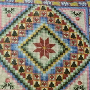 May include: A Janlynn Needlepoint kit for a Christmas Patchwork pillow. The kit includes a 12-mesh interlock canvas, wool yarn, a needle, and instructions. The finished size of the pillow is 13.5 x 13.5 inches.