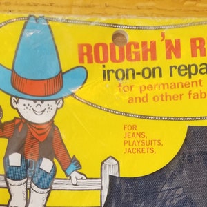May include: A package of "ROUGH 'N READY" iron-on repair patches for jeans, playsuits, and jackets. The package features a cartoon cowboy and includes various denim and fabric patches in multiple colors and sizes. The package also includes the text "special offer".