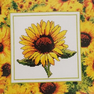 May include: A counted cross-stitch kit featuring a sunflower design. The kit includes a 12" x 12" (30.4 cm x 30.4 cm) design, cotton Aida fabric, floss, needle, and instructions. The design showcases a large sunflower in the center, surrounded by smaller sunflowers.