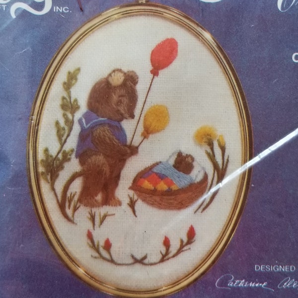 Vintage New NIP Cathy Needlecraft Golden Ovals Curiosity Crewel Embroidery Kit Little Pooh Baby Bear Sailor Balloon Daisy Lavender Rosebud