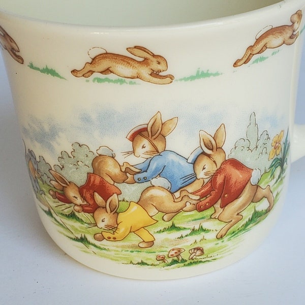 Vintage EUC Bunnykins Royal Doulton Child’s Kid’s Milk Cocoa Cup Mug Fine Bone China Peter Rabbit Cricket Wheel Barrow Race Sports Day