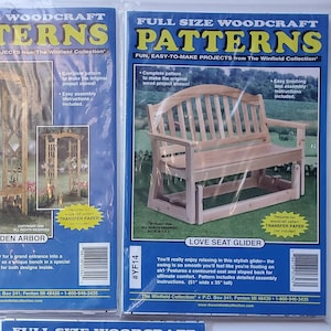May include: Five woodcraft pattern packets in plastic sleeves. The packets feature images of a garden bench, arbor, love seat glider, Adirondack chair, and a Christmas moose. Each packet has the words "Full Size Woodcraft Patterns".
