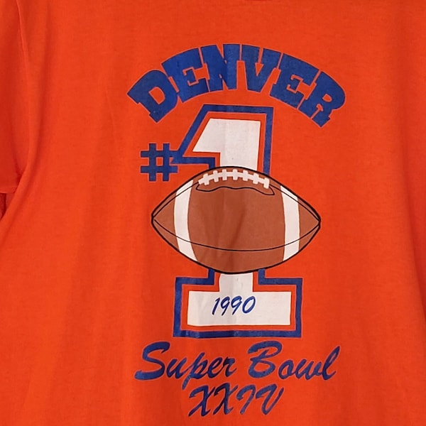 Vintage Jerzees Denver Broncos NFL Elway Era Orange Crush 1990 Super Bowl XXVI #1 Football T-Shirt Unisex Adult XL 46 Cotton Poly