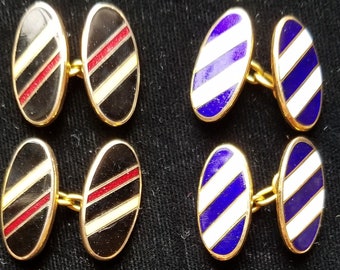 Vintage New Enamel Cufflinks Cuff Links Oval Diagonal Stripe Armorial Heraldic Men’s Accessory Fraternity Preppy Gold Tone Prom Formal