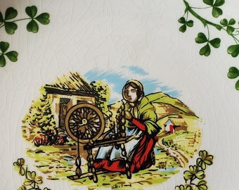 Vintage EUC Arklow Ireland Ceramic Stoneware Ironstone Trinket Pin Dish Shamrock Thatched Cottage Croft Woman Spinner Spinning Wheel