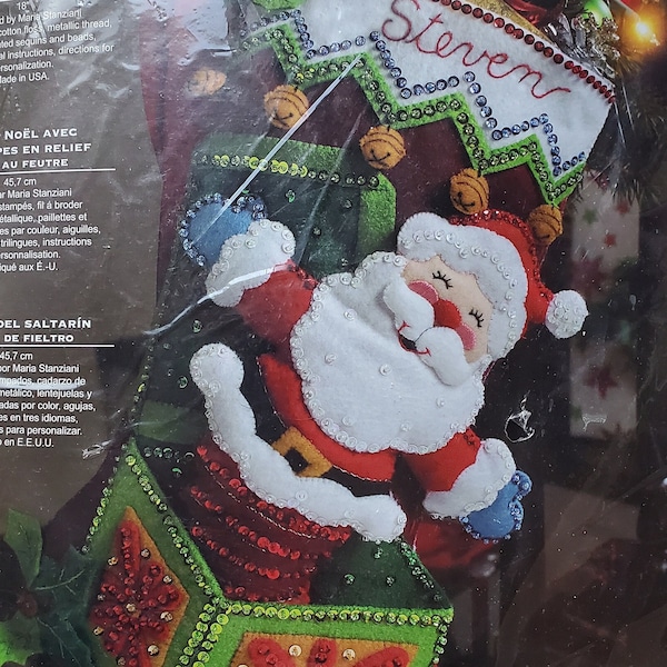 New NIP Bucilla Pop-Up Santa Felt Appliqué Christmas Stocking Kit 86063 Jack in Box Jolly St Nicholas Jingle Bell Sequin Maria Stanziani