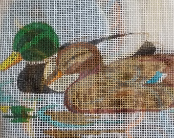 Vintage EUC JLT Designs Needlepoint Kit Hand Painted Canvas Mating Mallard Duck Pair Drake Hen Nesting Tray Oval Insert Pillow Cabin Décor