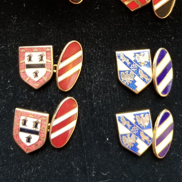 Vintage Enamel Enameled Gold Tone Cufflink Cuff Links Oval Diagonal Stripe Armorial Heraldic Coat of Arms Crest Fraternity Preppy Formal