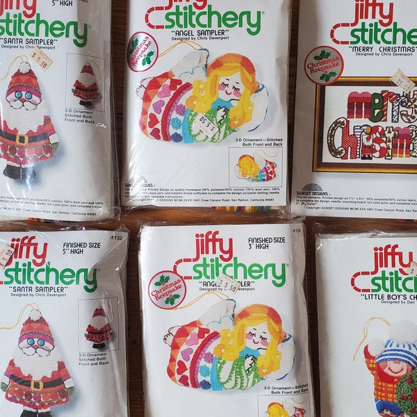 Vintage New NIP Jiffy Stitchery Crewel Embroidery 3D Ornament Kit Merry Christmas 173 Little Boy Girl 111 Santa Sampler 132 Angel 150 Choice