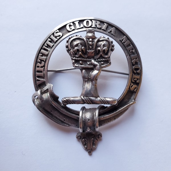 Vintage Antique Robertson Scottish Clan Kilt Brooch Pendant 925 Sterling Silver Crest Crown Hand Virtutis Gloria Merces I K IK James Kerr