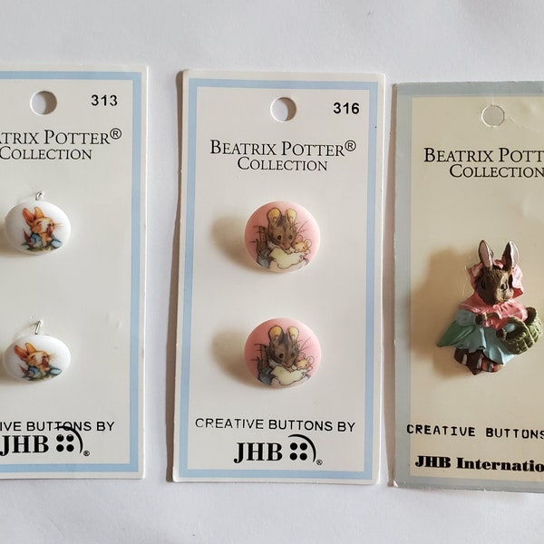 Vintage New NOC JHB Beatrix Potter Peter Mrs Rabbit Hunca Munch Two Bad Mice Figural Buttons 313 316 319 Mr MacGregor Carrot Patch Sewing