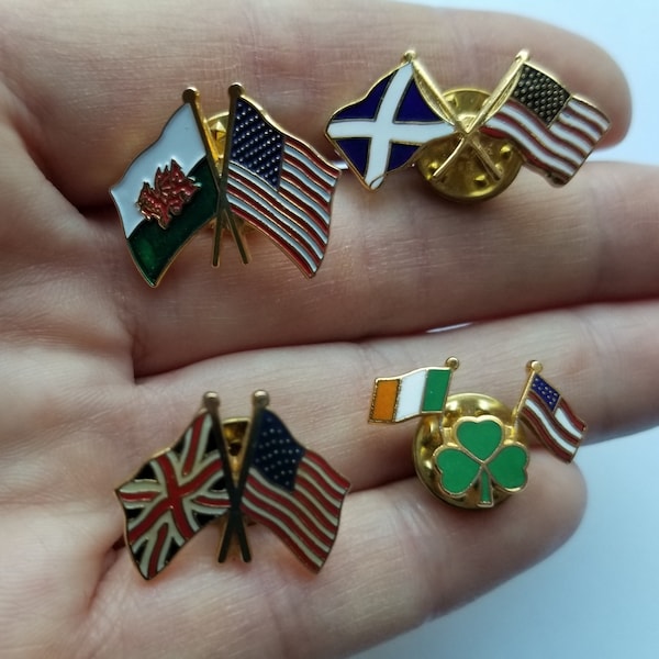 Vintage Enamel Double Flag Pin Badge Lot of 8 USA British Isles Ireland Wales Scotland Saltire Bath Stonehenge Union Jack Shamrock Star