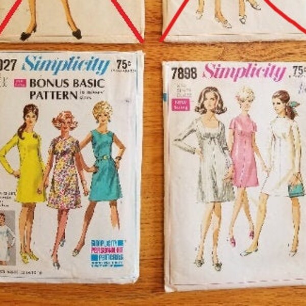 Vintage New NIP Simplicity 7843 7898 7539 8027 Miss Size 14 Bust 36 1968 Empire Waist Dress Pattern Uncut Shift A-Line That Girl Twiggy 60’s