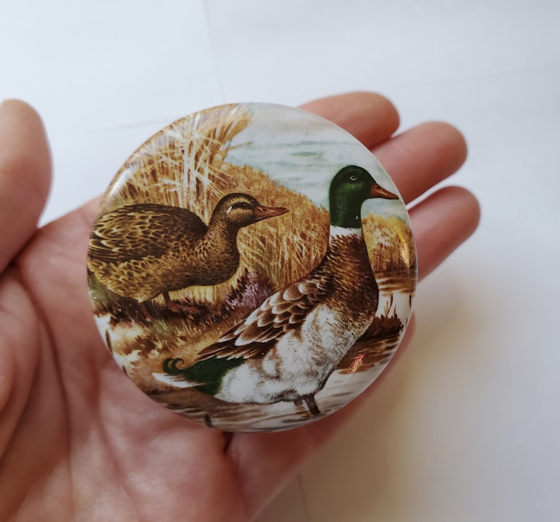 May include: A round, decorative object featuring a detailed illustration of two ducks in a natural setting. The ducks are depicted with brown, green, and white plumage, set against a backdrop of reeds and water. The object has a glossy finish.