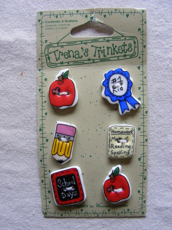 Trena/'s Trinkets Red//Black//White School Chalk Board 6 Square Ceramic Buttons NWT