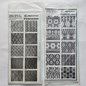 May include: Two rectangular paper sheets in clear plastic sleeves featuring Empisal Knitmaster Handy Punch pattern sets M 1016 and M 1009. Each sheet displays ten black and white grid-based knitting designs with geometric and floral motifs.