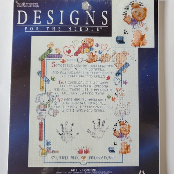 New NIP Designs For The Needle Baby Steps Fingerprints 351286 Finger Prints Cross Stitch Kit Birth Announcement Teddy Bear Nursery Décor