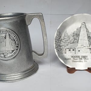 Vintage Wilton Columbia PA Pewter Stein Mug Titusville Pennsylvania Drake Well Birthplace of Oil Industry August Wendell Aluminum Coaster