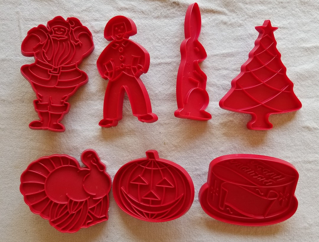 Vintage Cookie Cutters Red Plastic Lot of 7 Holiday/ Birthday Cake