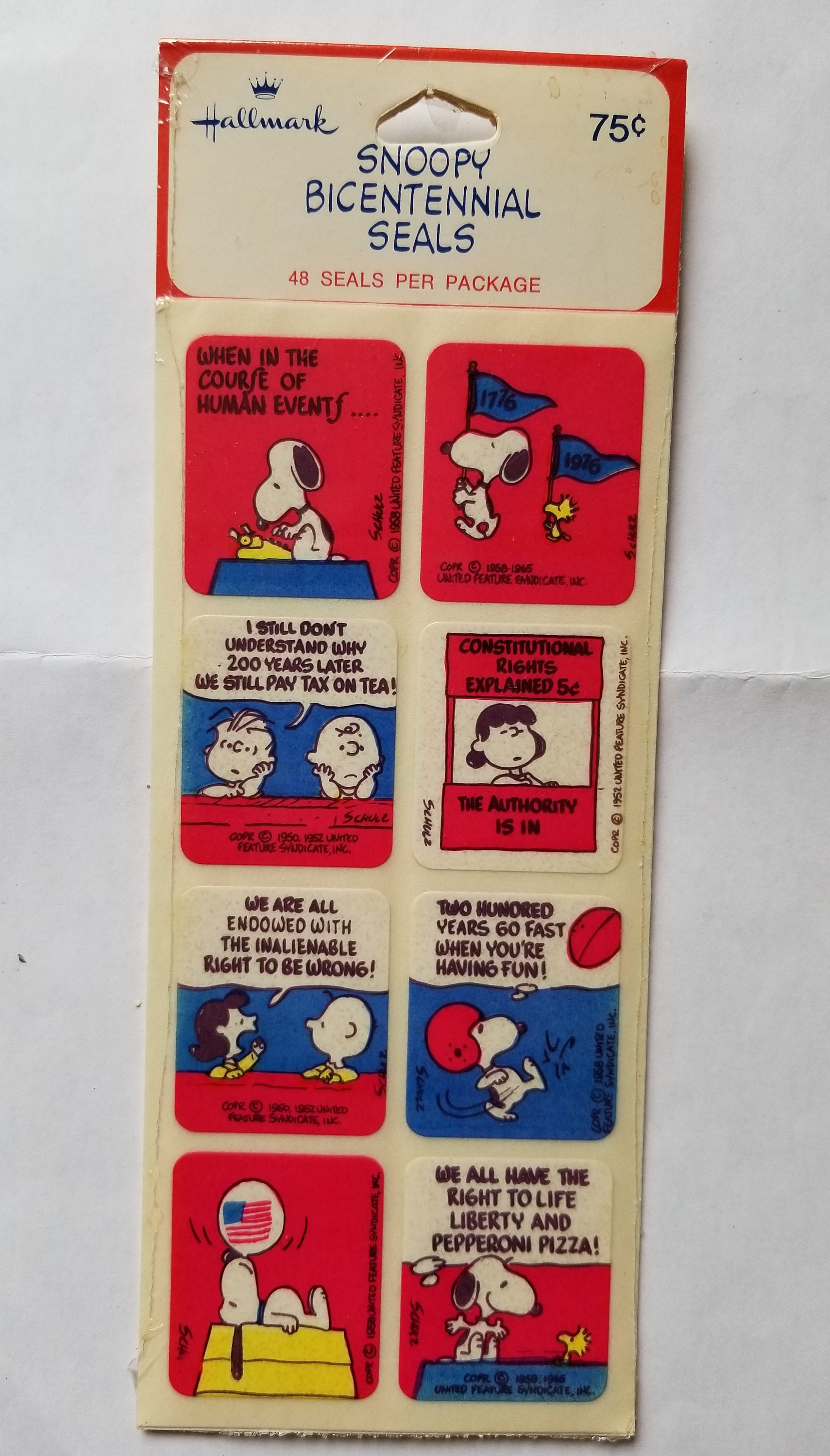 Vintage New NIP Hallmark Snoopy Bicentennial Seals 48 Stickers
