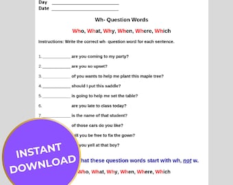 Sentence Level Wh- Questions Reading Comprehension (Who, What, Why, When, Where, Which Worksheet Printable English Learning, ESL
