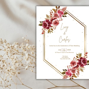 Red Flowers with Gold Wedding Invitations Instant Digital Download 8.5x11&quot;