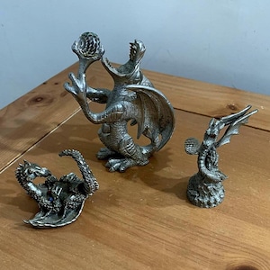 3 Pewter Dragon Figurines with Crystal Orbs and Gem Eyes – 1980s Vintage Fantasy Decor Set, Gothic Statue