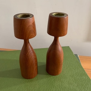 1950s Danish Candlestick Holders - Sculptural Teak Wood with Brass Inserts