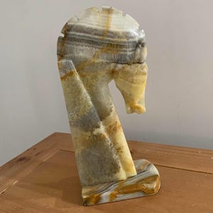 Onyx Horse Head Statue or Bookend – Vintage - Large 10.5&quot; Hand-Carved Stone in Amber & Gray - Equestrian Art