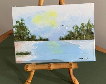 Original Painting Mountain Lake at Sunset – Small Signed Landscape Artwork