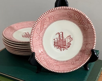 9 vintage transferware borden of kommen, Currier & Ives Pink "Low Water In The Mississippi"