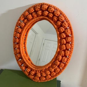 Vintage 1970s Orange Macramé Mirror, Retro Knotwork