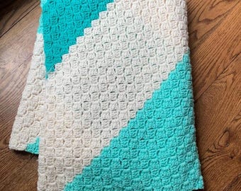 Vintage Afghan Handmade Throw Blanket, Green, Teal, White