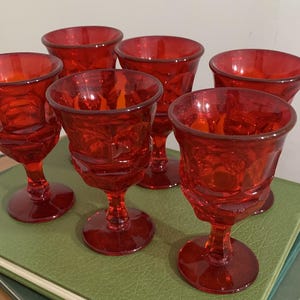 6 Vintage Fostoria Argus Ruby Red Goblets, Wine Glasses, 5 Inches Tall
