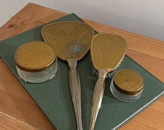 Unique 1950s Vanity Set -- Hand Mirror, Brush and 2 Jars -- Vintage Hollywood Regency