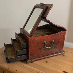 Vintage Chinese Red Lacquer Jewelry Box with Fold-Out Mirror and 3 Drawers
