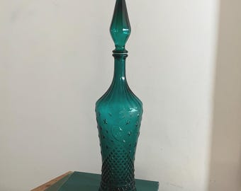 Vintage Teal Empoli Genie Bottle, Moon Stars Art Glass Decanter, Mid Century Barware