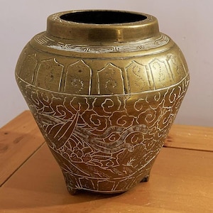 Chinese Etched Bronze Tripod Vase with Dragon Motif - Heavy