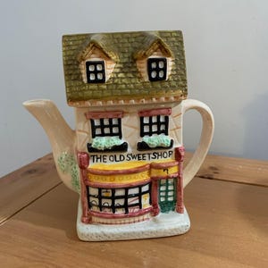 Vintage “The Old Sweet Shop” Cottage Teapot – Handpainted Ceramic Teapot