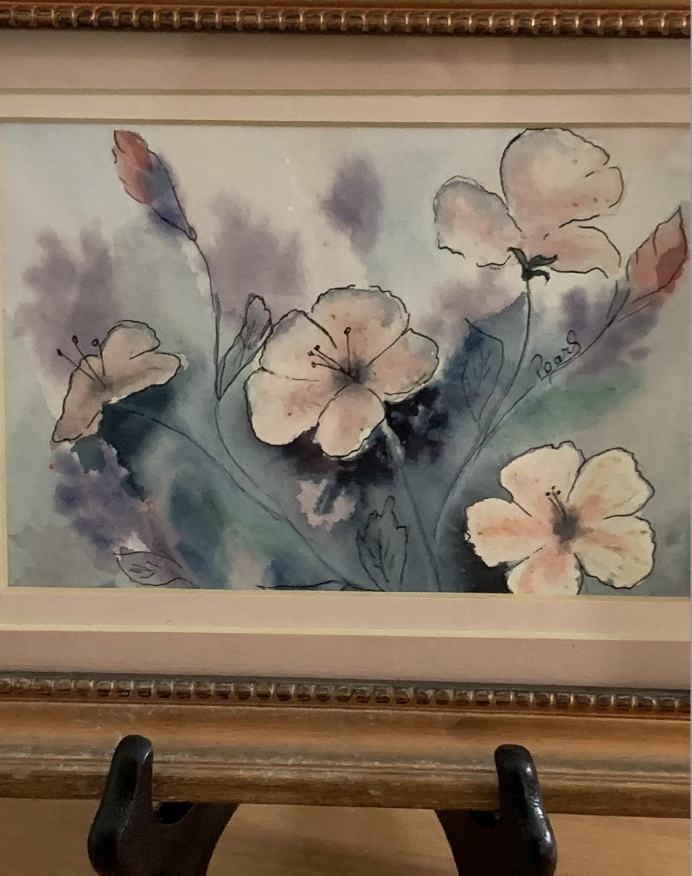 ヴィンテージの花柄水彩画：パールサイン入り、ゴールドフレーム