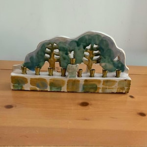Whimsical Vintage Menorah, Organic Tree of Life, Artist Signed by Hilber – Studio Clay Pottery Judaica