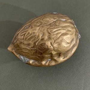 Puede incluir: Un cascanueces de latón vintage con una superficie detallada y texturizada. El cascanueces tiene un tono dorado con áreas de oxidación verde y azul. El diseño recuerda a una cáscara de nuez.