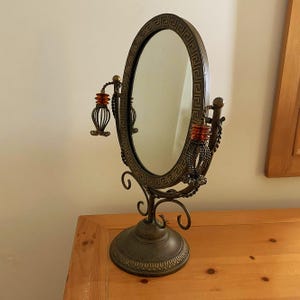 Large Vintage Vanity Mirror -- Bronze-Colored with Tassel Detailing and Amber-Colored Accents, Antique-Style, Heavy, Metal
