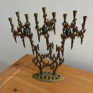 Vintage Brutalist Brass Menorah - Uniquely Decorated with Jade Colored Stones, Mini Menorah, and More - Wainberg Israel Candle Holder